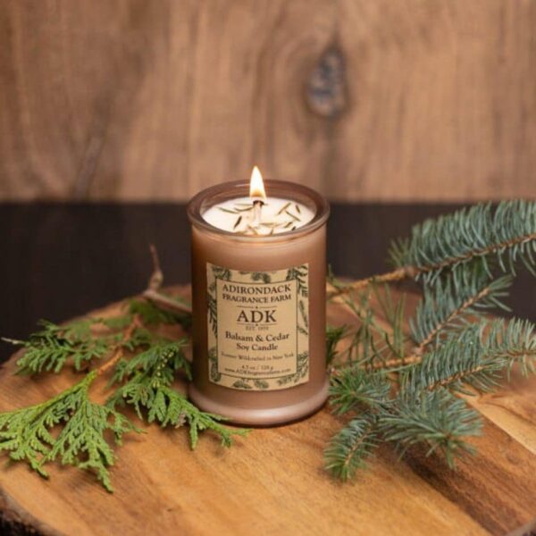 Balsam Cedar Candle with ADK label 4.5oz Lifestyle background