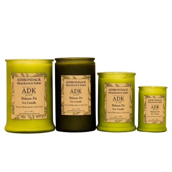 Balsam Fir Candle in 4 sizes in green glass jar with an ADK Label.