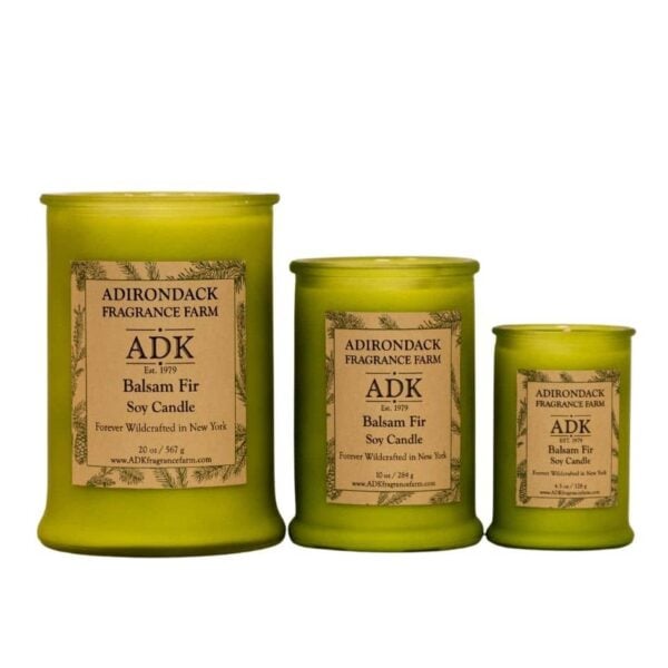 Balsam Fir Candle in 3 sizes in a green glass jar with an ADK Label.