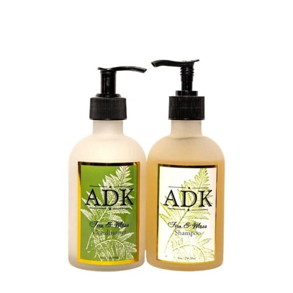Fern & Moss conditioner and shampoo bottles with ADK Labels