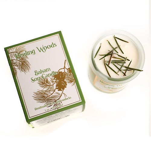 Balsam Soy Candle from the Healing Woods Collection. Adirondack Fragrance and Flavor Farm's Healing Woods Skin Care Line takes its inspiration from the Adirondack Forest that we love and cherish.