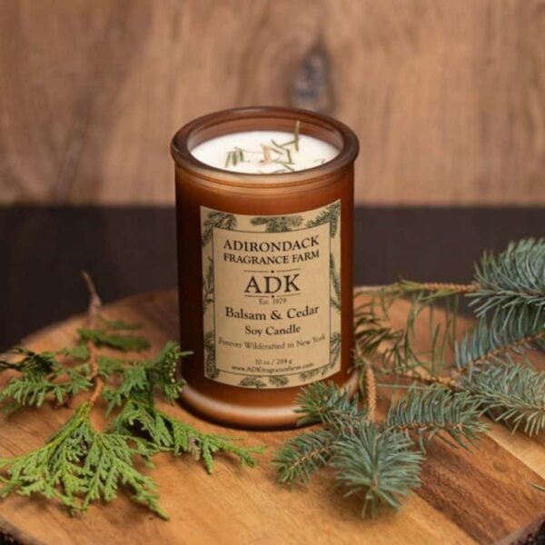 Balsam Cedar Candle with ADK label 10oz Lifestyle background