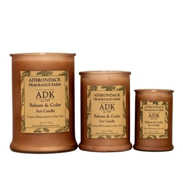 3 Balsam Cedar Candle Sizes with ADK Labels