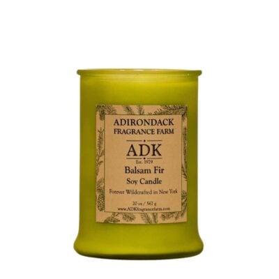 Balsam Fir Candle in a green glass jar with an ADK Label. 20oz
