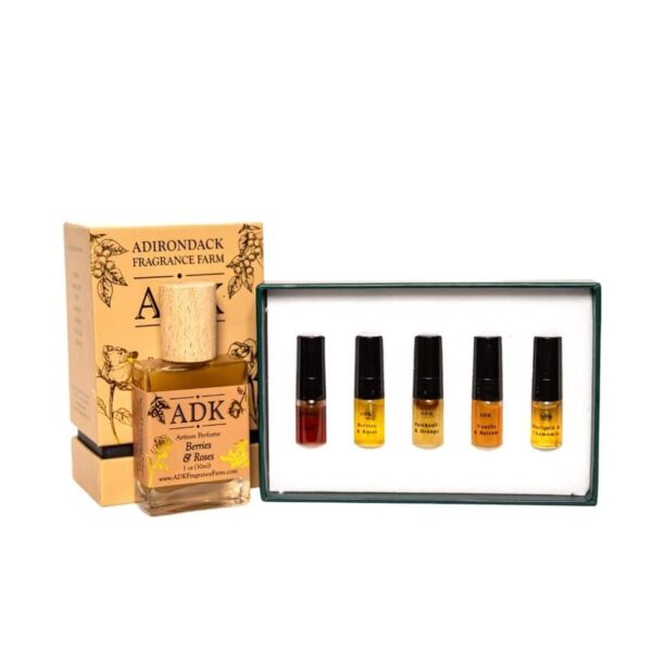 Gold ADK designed Berries & Roses Perfume Spray Bottle with botanical sampler