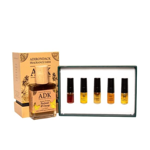 Gold ADK designed Patchouli Orange Perfume Spray Bottle with sample discovery box